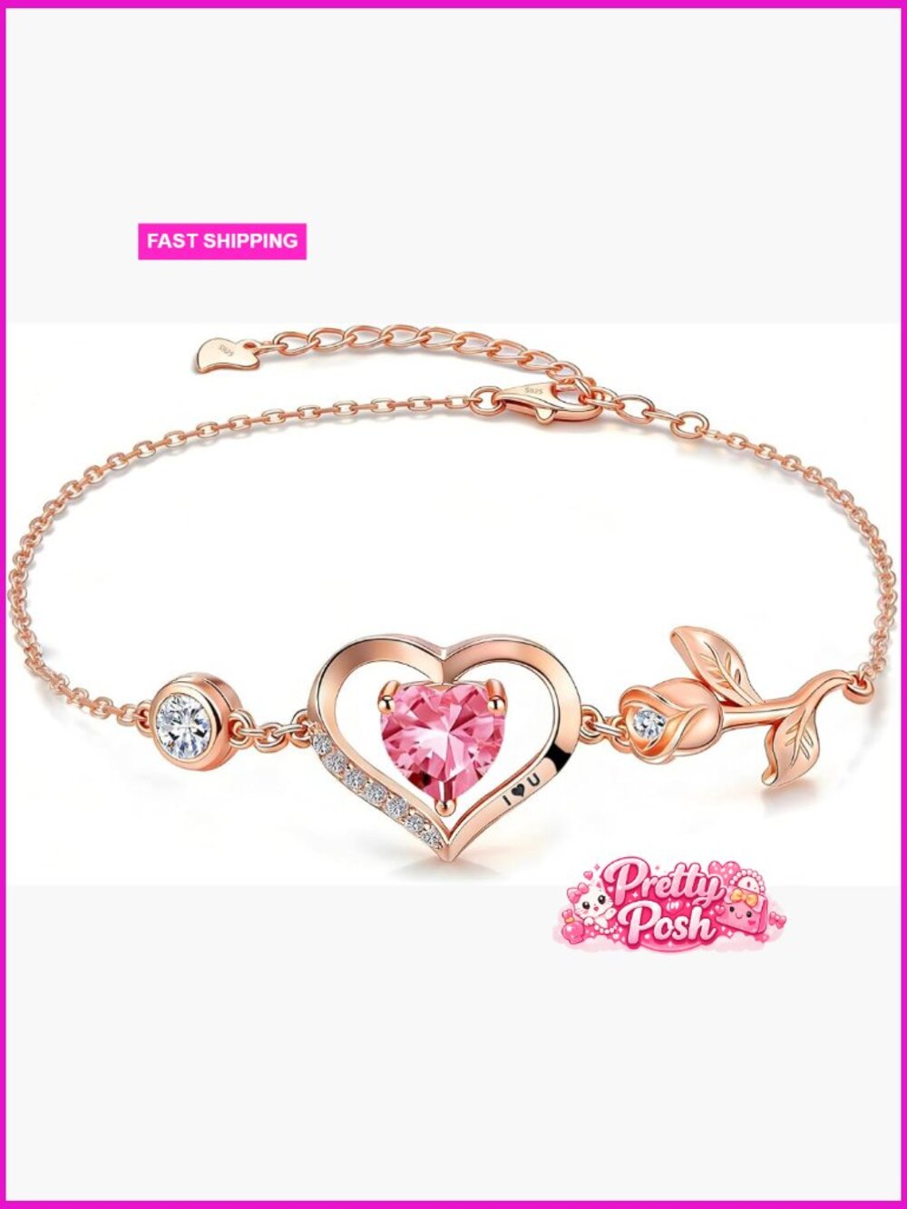 1CT Rose Heart Bracelet Moissanite S925 Silver 18K Rose Gold Plated Charm